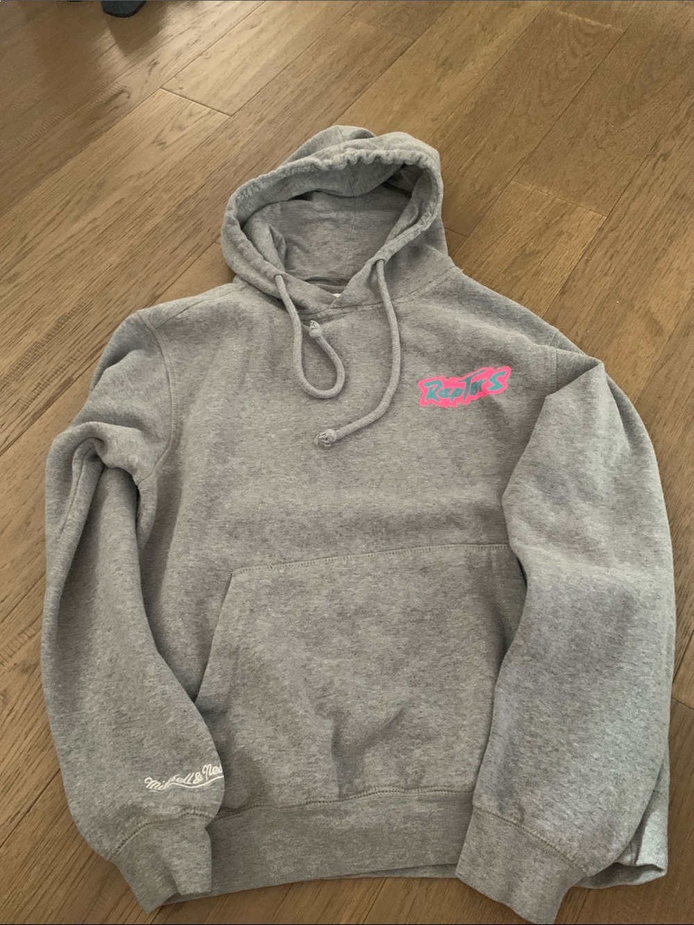 NBA Raptors Gray Hoodie with Pink Raptors Script Logo. Unisex (M)